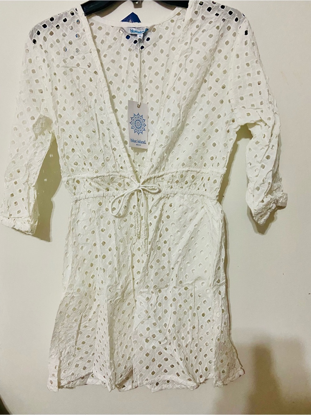 blue island White Eyelet Tie-Waist Cover-Up Dress
